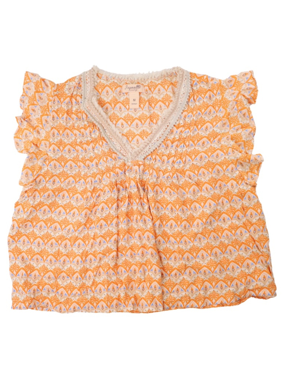 Japna Orange Boho Print Crochet Trim Flutter Sleeve Top Size Medium